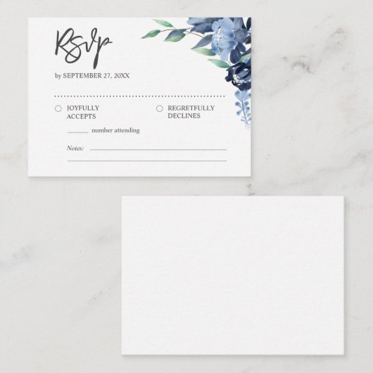 BUDGET Rustisch Elegant Dusty Blue Flowers RSVP Notitiekaartje (Voorkant / Achterkant)