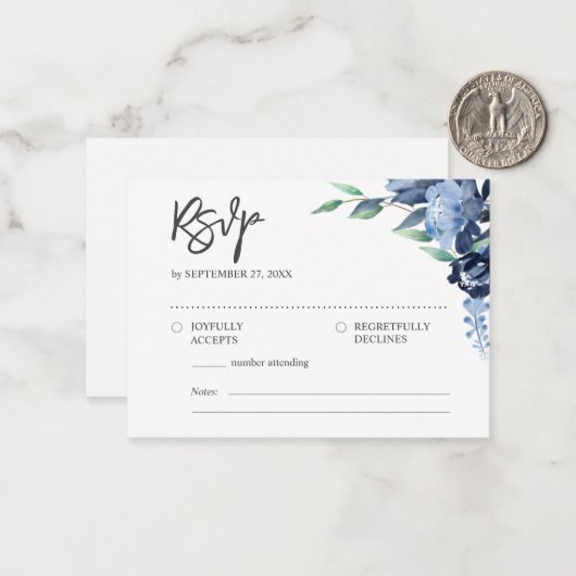 BUDGET Rustisch Elegant Dusty Blue Flowers RSVP Notitiekaartje (Voorkant / Achterkant in situ)