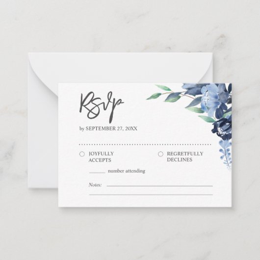 BUDGET Rustisch Elegant Dusty Blue Flowers RSVP Notitiekaartje (Voorkant)
