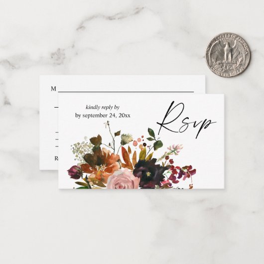 Budget Rustisch Gold Oranje Floral 2SM Meal RSVP Notitiekaartje (Voorkant / Achterkant in situ)