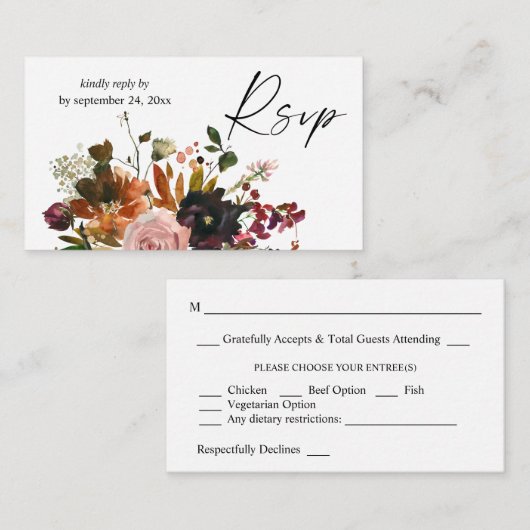 Budget Rustisch Gold Oranje Floral 2SM Meal RSVP Notitiekaartje (Voorkant / Achterkant)