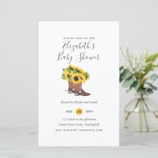 BUDGET Rustische Baby Shower Zonnebloemen Uitnodig (Staand voorkant)