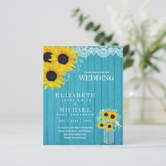 BUDGET Rustische Zonnebloem Baby Adem Trouw Uitnod (Staand voorkant)