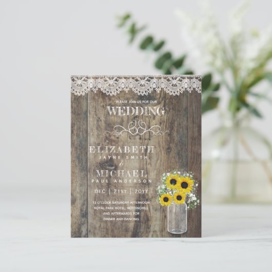 BUDGET Rustische Zonnebloem Baby Adem Trouw Uitnod (Staand voorkant)