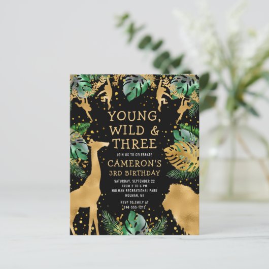 Budget Safari 3rd Birthday Green Gold Black Invite (Staand voorkant)