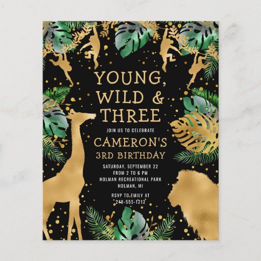 Budget Safari 3rd Birthday Green Gold Black Invite (Voorkant)