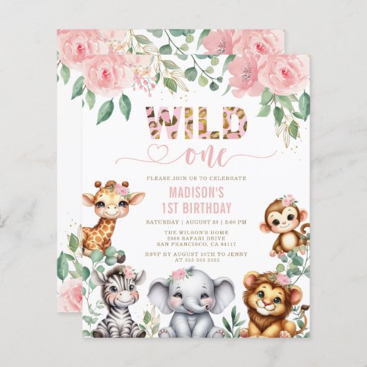 Budget Safari Animal Wild One Floral 1e verjaardag (Voorkant / Achterkant)