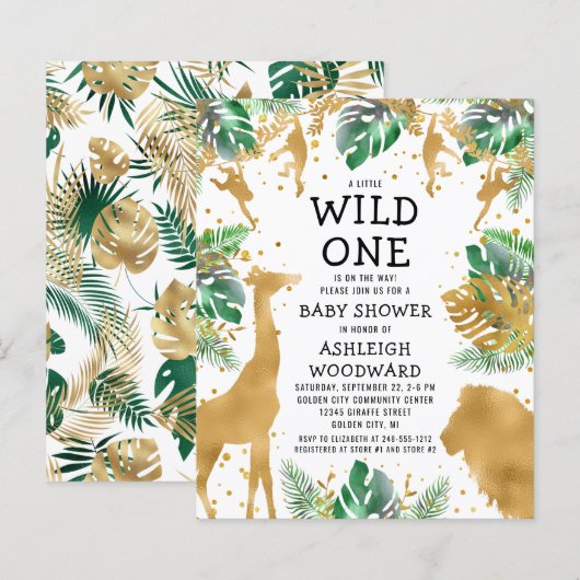 Budget Safari Baby shower Green Gold Invitation (Voorkant / Achterkant)