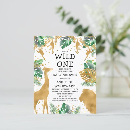 Budget Safari Baby shower Green Gold Invitation (Staand voorkant)