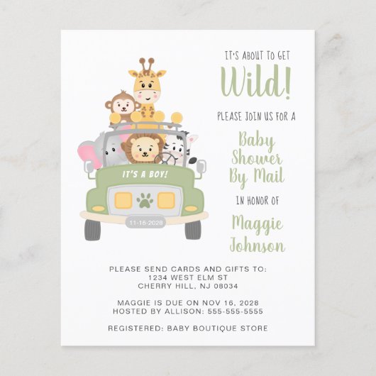 Budget Safari Baby shower per post uitnodiging (Voorkant)