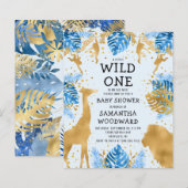 Budget Safari Blue Gold Boy Baby shower Uitnodigin (Voorkant / Achterkant)