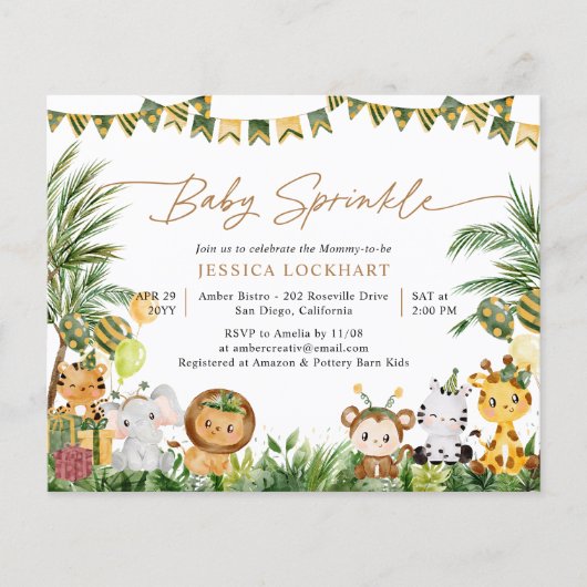 Budget Safari Dieren Baby Sprinkle Uitnodiging (Voorkant)