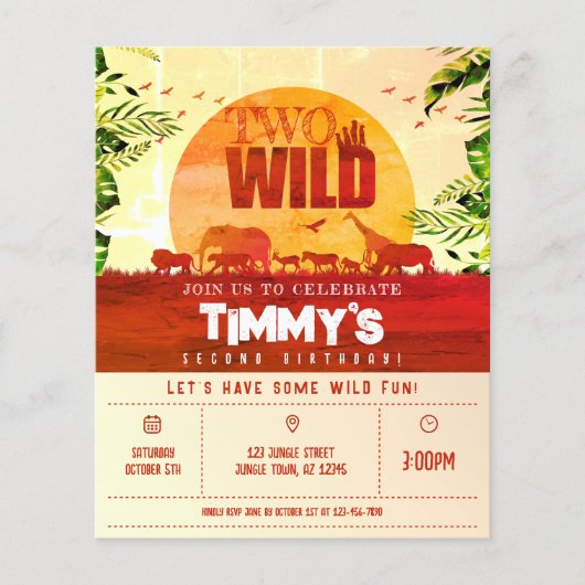 Budget Safari Dieren Twee Wilde Verjaardag Uitnodi (Voorkant)