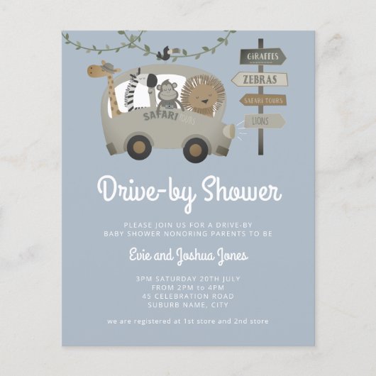 Budget Safari Drive by Baby shower Dusty Blue (Voorkant)