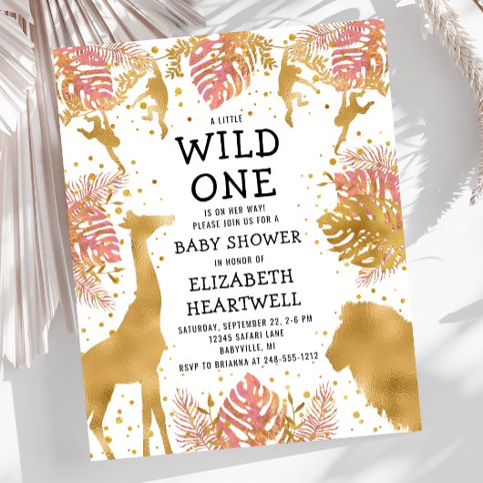 Budget Safari Girl Baby shower Pink Gold Invite