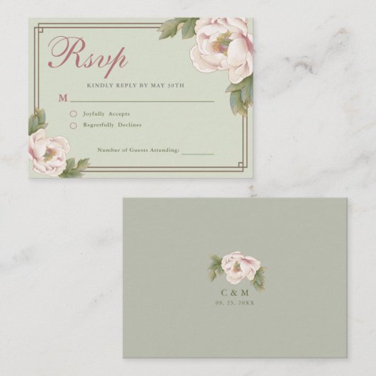 BUDGET Sage & Blush Peony Floral Wedding RSVP Notitiekaartje (Voorkant / Achterkant)