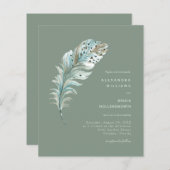 Budget Sage Boho Feather Minimal Wedding Invite (Voorkant / Achterkant)