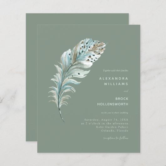 Budget Sage Boho Feather Minimal Wedding Invite (Voorkant / Achterkant)