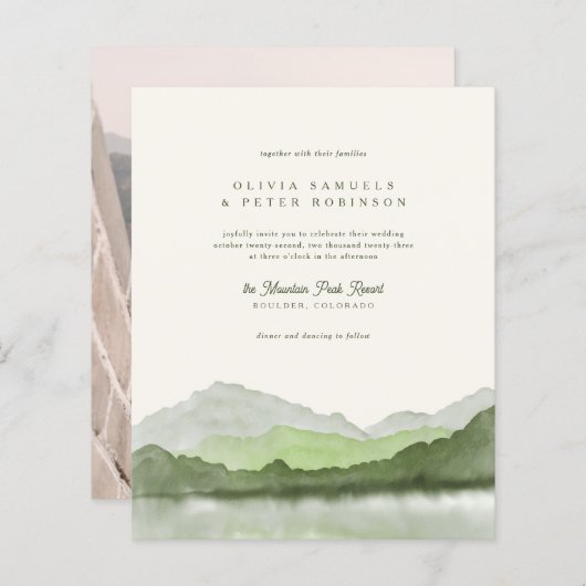 Budget Sage Boho Waterverf Mountain Foto Bruiloft (Voorkant / Achterkant)