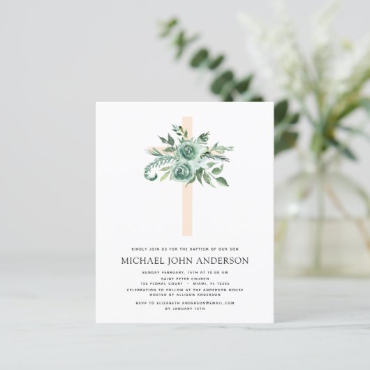 Budget Sage Eucalyptus Baptism Greenery Invitation (Staand voorkant)
