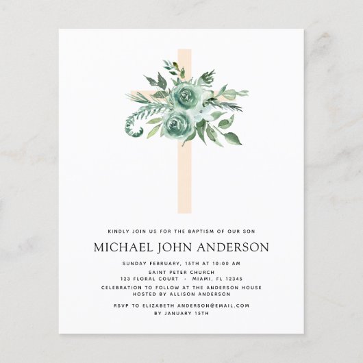 Budget Sage Eucalyptus Baptism Greenery Invitation (Voorkant)