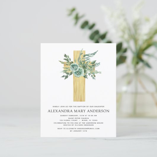 Budget Sage Eucalyptus Baptism Greenery Invitation (Staand voorkant)