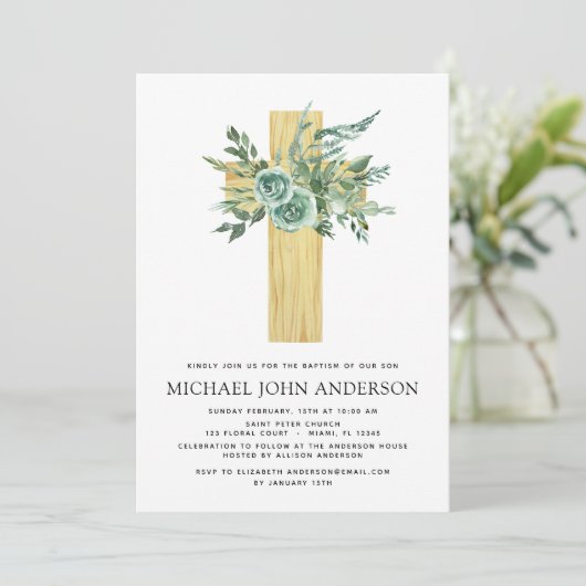 Budget Sage Eucalyptus Baptism Greenery Invitation Kaart (Staand voorkant)