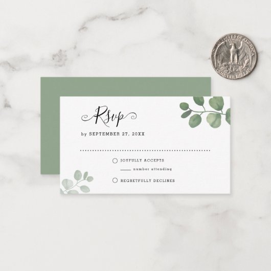 BUDGET Sage Eucalyptus Greenery RSVP Weddenschap Notitiekaartje (Voorkant / Achterkant in situ)
