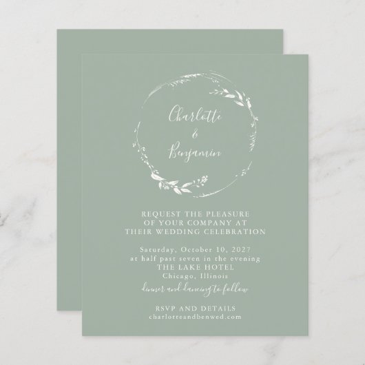 Budget Sage Floral Wreater Script Wedding Invite (Voorkant / Achterkant)