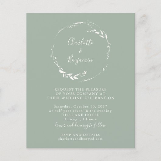 Budget Sage Floral Wreater Script Wedding Invite (Voorkant)
