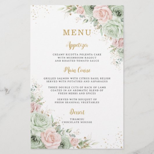 Budget Sage Green Blush Bloemen Menu Blad (Voorkant)