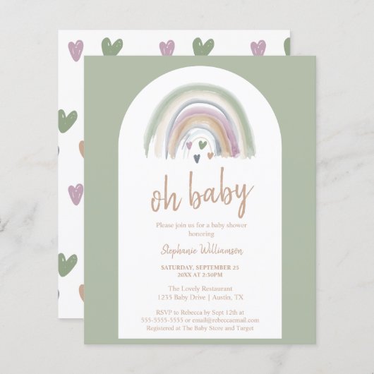 Budget Sage Green Boho Arch Baby shower Uitnodigin (Voorkant / Achterkant)