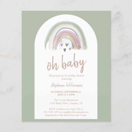 Budget Sage Green Boho Arch Baby shower Uitnodigin (Voorkant)