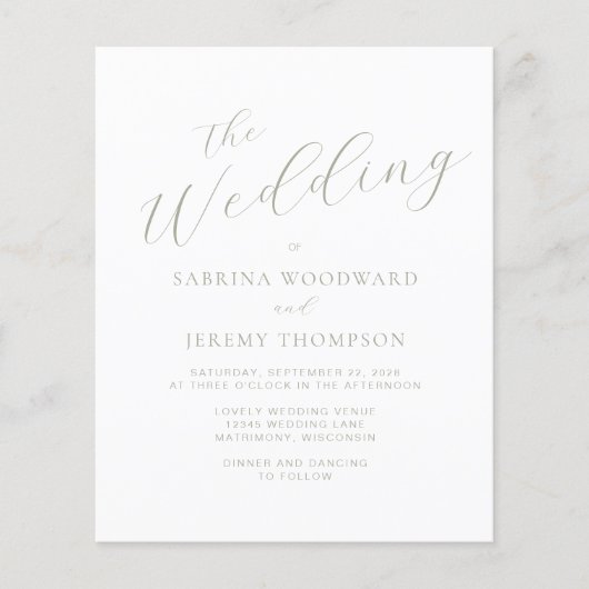 Budget Sage Green Calligraphy Wedding Invitation (Voorkant)