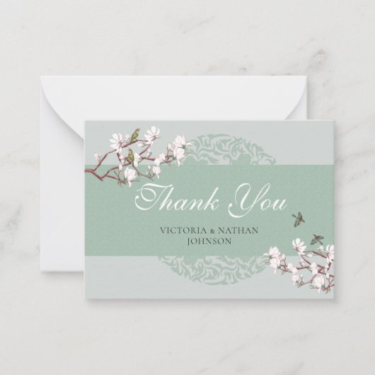 BUDGET Sage Green Chinoiserie Weddenschap Bedankt Notitiekaartje (Voorkant)