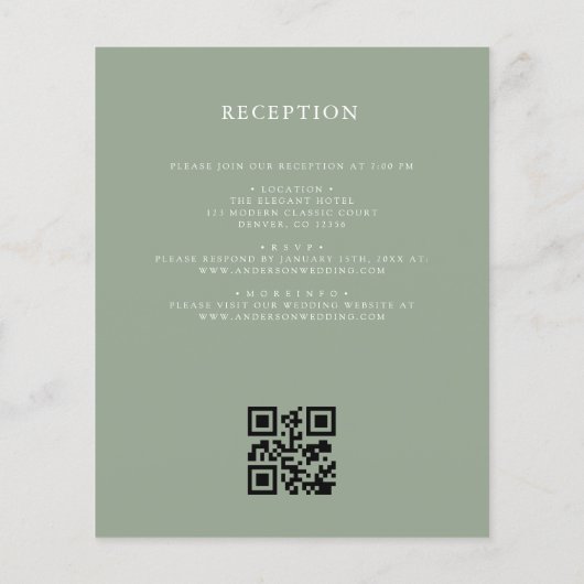 Budget Sage Green Crest Monogram Huwelijk QR Code Flyer (Achterkant)