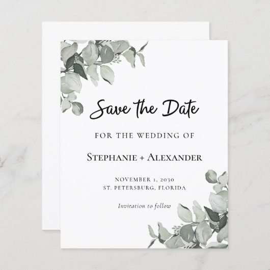 Budget Sage Green Eucalyptus Wedding Save the Date (Voorkant / Achterkant)