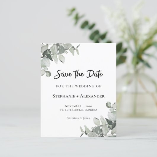 Budget Sage Green Eucalyptus Wedding Save the Date (Staand voorkant)