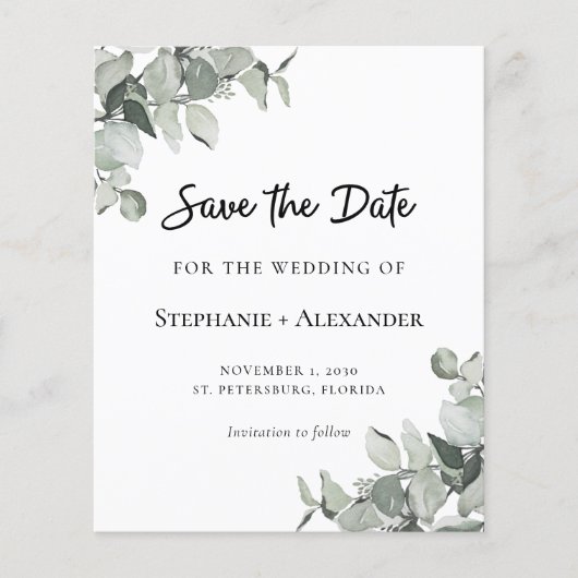 Budget Sage Green Eucalyptus Wedding Save the Date (Voorkant)