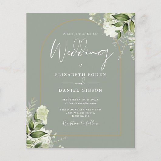 Budget Sage Green Floral Gold Arch Wedding Invite (Voorkant)
