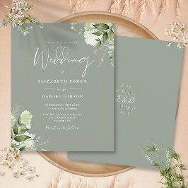 Budget Sage Green Floral Gold Arch Wedding Invite