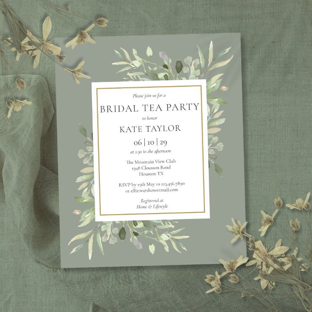 Budget Sage Green Foliage Bridal Tea Party nodigt  (Budget Sage Green Foliage Bridal Tea Party Invite)