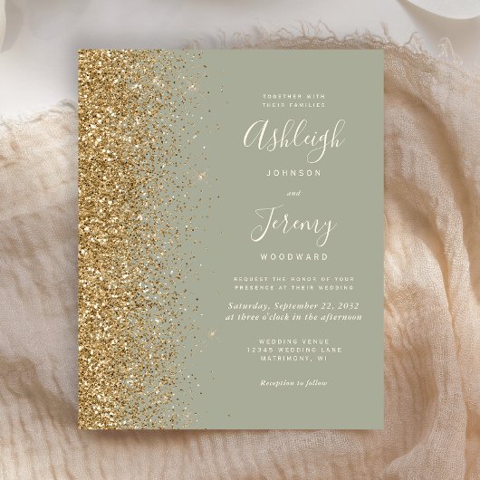 Budget Sage Green Gold Faux Glitter Wedding Invite