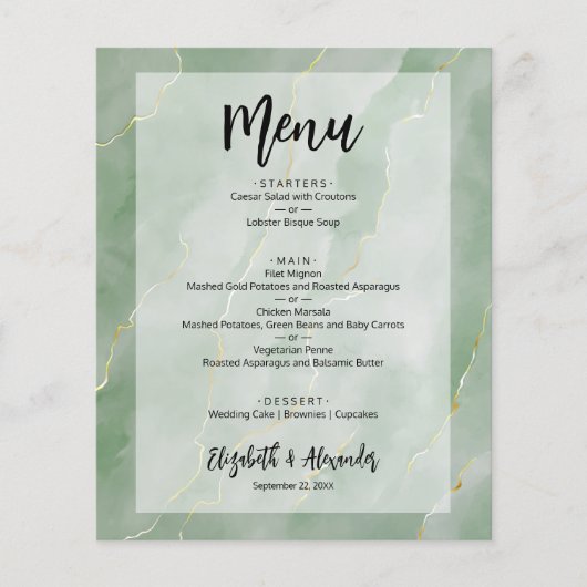 Budget Sage Green Gold Marble Wedding Menu (Voorkant)