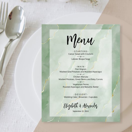 Budget Sage Green Gold Marble Wedding Menu