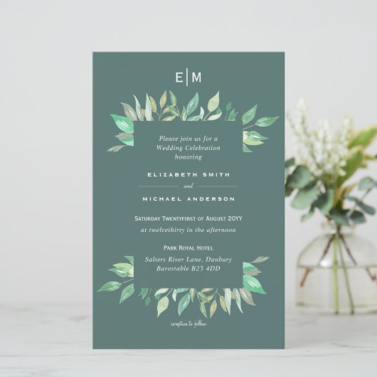 BUDGET Sage Green Greenery Leaves Wedding Invite (Staand voorkant)