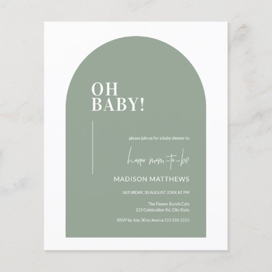 Budget Sage Green Minimale Arch Oh Baby shower Flyer (Voorkant)