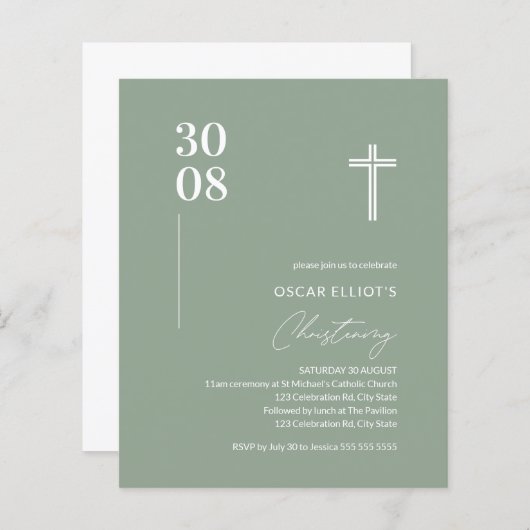 Budget Sage Green Minimalist Christening Invite (Voorkant / Achterkant)