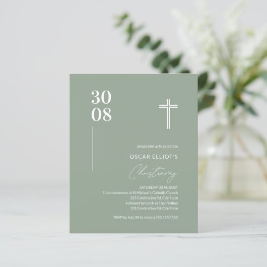 Budget Sage Green Minimalist Christening Invite (Staand voorkant)