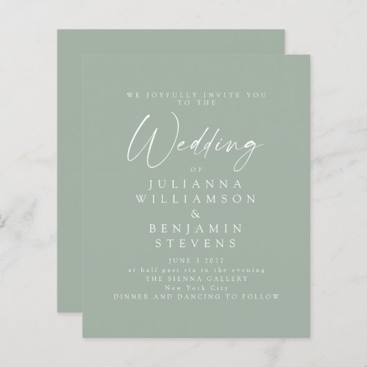 Budget Sage Green Minimalist Script Wedding Invite (Voorkant / Achterkant)